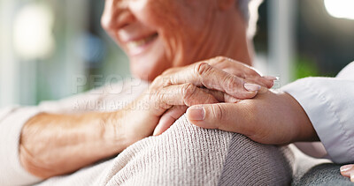 Buy stock photo Hospital, doctor and support for senior patient, checkup and consultation for healthcare, empathy or ill. Clinic, medical professional and care for elderly person with dementia, sickness or diagnosis