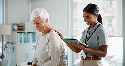 Buy stock photo Consultation, senior patient and physiotherapist with tablet for rehabilitation, healthcare and recovery. Happy woman, physical therapy and medical support for healing back injury or help in clinic