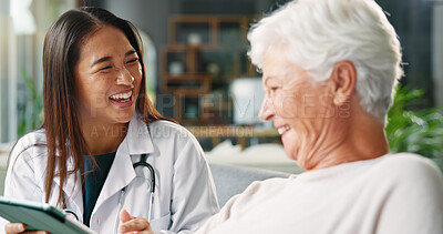 Buy stock photo Laughing, doctor and smile for senior patient, good news and treatment plan for illness, women and info. Happy, medical professional and diagnosis for elderly person in hospital, results and checkup
