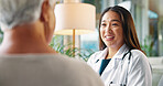 Happy, doctor and appointment with elderly patient, women and communication for diagnosis or talking. Hospital, medical professional and checkup for senior person, healthcare and smile for results