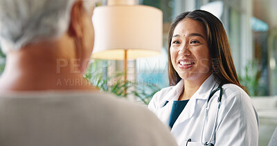 Buy stock photo Happy, doctor and appointment with elderly patient, women and communication for diagnosis or talking. Hospital, medical professional and checkup for senior person, healthcare and smile for results
