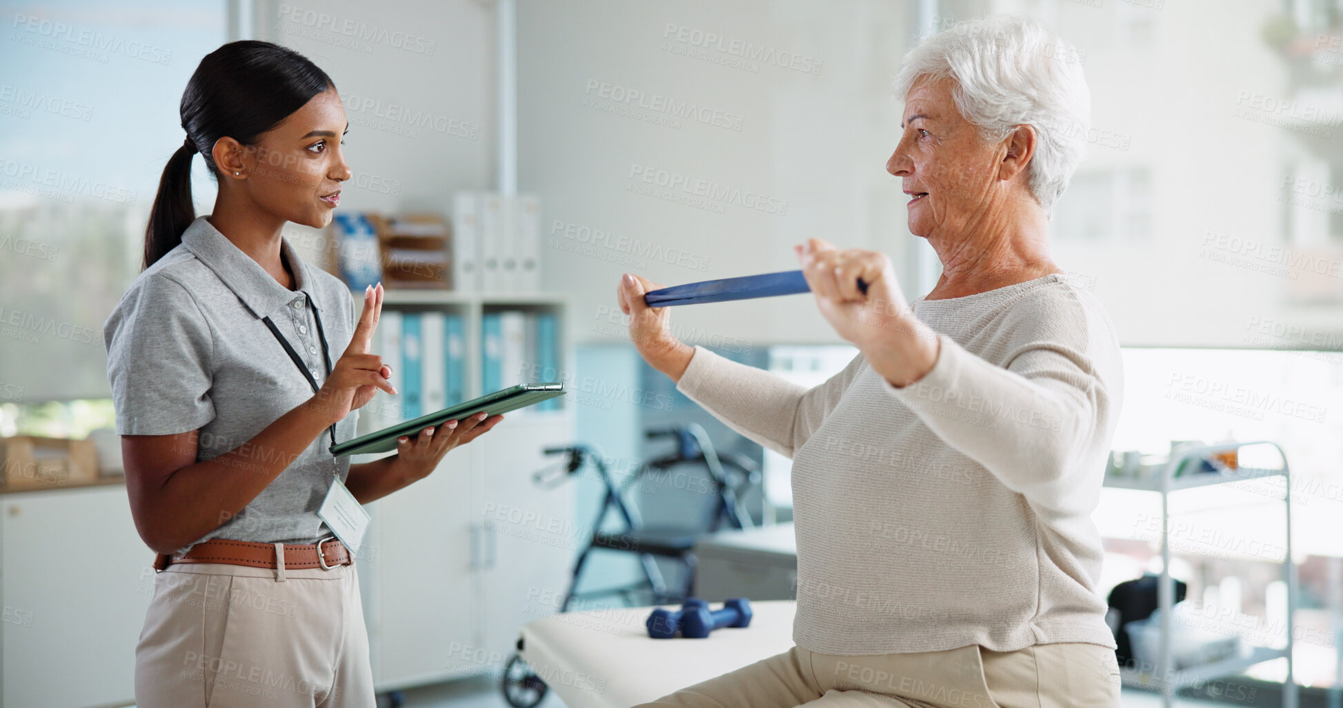 Buy stock photo Elderly woman, physiotherapist and resistance band with tablet, counting and healthcare services for recovery. People, happy and exercise with stretching, app and injury for rehabilitation at clinic