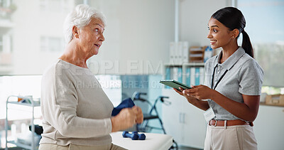 Buy stock photo Tablet, doctor and smile with old woman in office for patient records, insurance and physiotherapy plan. Healthcare, rehabilitation and medical help with people in clinic for consulting and results