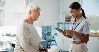 Buy stock photo Tablet, doctor and advice with old woman in office for patient records, insurance and physiotherapy plan. Healthcare, rehabilitation and medical help with people in clinic for consulting and results
