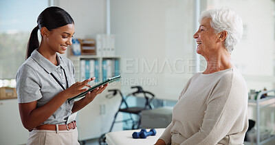 Buy stock photo Physiotherapy, tablet and woman with mature patient with medical results, consulting and mobility. Physical therapy, chiropractor and person on digital tech for diagnosis, treatment or rehabilitation