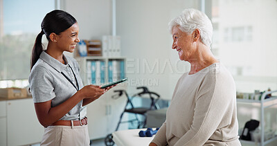 Buy stock photo Physiotherapy, tablet and happy woman with mature patient with medical results, consulting and mobility. Physical therapy, chiropractor and person on digital tech for diagnosis, treatment or recovery