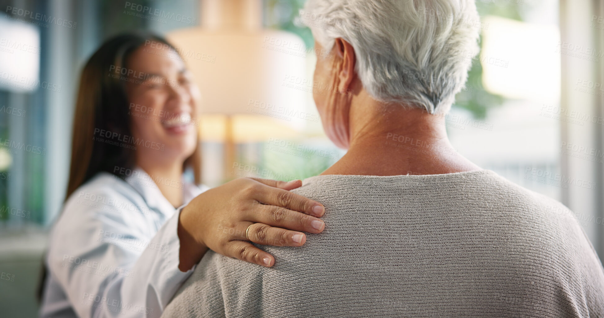Buy stock photo Happy woman, doctor and support with elderly patient for healthcare service, advice or checkup at hospital. Female person, medical worker or smile with senior client for comfort or help at clinic