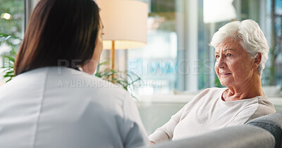 Buy stock photo Doctor, healthcare and old woman in office, appointment and conversation with diagnosis. Pensioner, elderly patient and medical with professional, checkup and consultation with feedback, talk or help