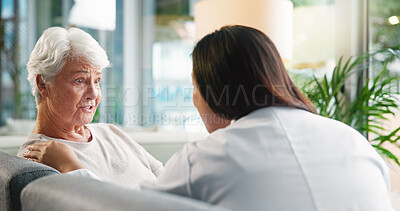 Buy stock photo Consulting, doctor and senior patient with support, women and checkup for healthcare, talking and ill. Clinic, medical professional and care for elderly person with dementia, sickness and diagnosis