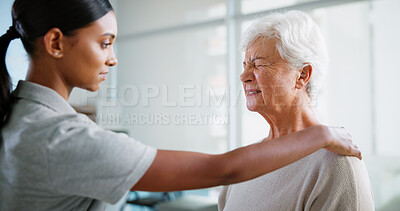 Buy stock photo Physical therapy, shoulder pain and woman with mature patient for medical service, support and wellness. Healthcare, chiropractor and physiotherapist with person for consulting, recovery and help