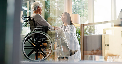 Buy stock photo Women, caregiver and senior patient in wheelchair at retirement home for healthcare, support and checkup. Doctor, person with a disability and empathy for medical service, physiotherapy and care