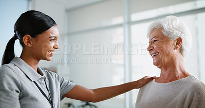 Buy stock photo Support, doctor and smile with old woman in office for patient feedback, insurance and physiotherapy plan. Healthcare, rehabilitation and medical help with people in clinic for consulting and trust