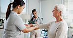 Physiotherapy, consulting and healthcare with old woman and doctor for rehabilitation, osteoporosis or medical. Physical therapy, help and advice with people in clinic for healing and orthopedic exam