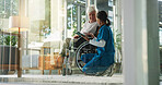 Women, nurse and mature patient in wheelchair at retirement home for healthcare, support and checkup. Caregiver, person with a disability and empathy for medical service, physiotherapy and care