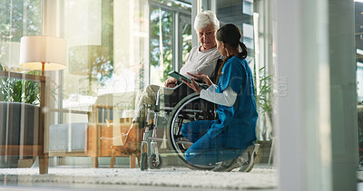Buy stock photo Women, nurse and mature patient in wheelchair at retirement home for healthcare, support and checkup. Caregiver, person with disability and tablet for medical service, physiotherapy and discussion