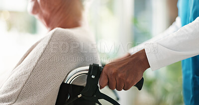 Buy stock photo Elderly care, hands and nurse with wheelchair or patient for assisted living or volunteering service. Closeup, medical worker or healthcare help for person with disability or mobility at clinic