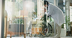Women, doctor and mature patient in wheelchair at retirement home for healthcare, support and checkup. Caregiver, person with a disability and empathy for medical service, physiotherapy and care