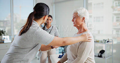 Buy stock photo Physiotherapist, old patient and help with consultation, assessment or exam for diagnosis, medical and healthcare. Service, rehabilitation and women in physiotherapy with senior care for healing