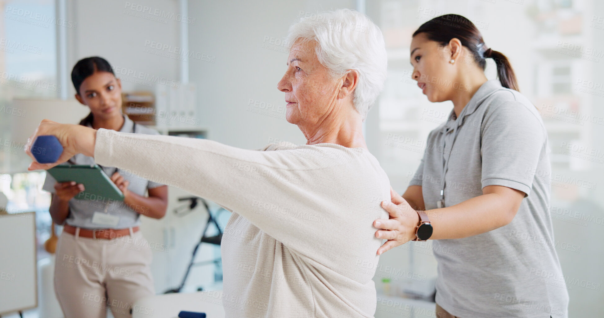 Buy stock photo Physical therapy, weights and women with mature patient for medical service, support and wellness. Healthcare, assessment and physiotherapist with person for consulting, mobility and arthritis