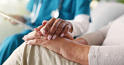 Buy stock photo People, hands and nurse with patient for empathy, comfort or consultation at retirement home. Closeup, doctor or caregiver with senior client for assisted living, sympathy or elderly care at house