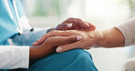 Nurse, hands and elderly patient with empathy for comfort, healthcare or consultation at retirement home. Closeup, doctor or caregiver with senior person for assisted living or sympathy at house