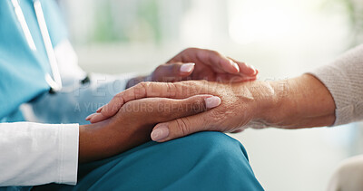 Buy stock photo Nurse, hands and elderly patient with empathy for comfort, healthcare or consultation at retirement home. Closeup, doctor or caregiver with senior person for assisted living or sympathy at house