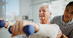 Physical therapy, weights and woman with mature patient for medical service, support and wellness. Healthcare, chiropractor and physiotherapist with person for consulting, mobility and arthritis