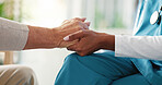 Nurse, holding hands or elderly patient with empathy for comfort, healthcare or consultation at retirement home. Closeup, doctor or caregiver with touch for support, assisted living or sympathy