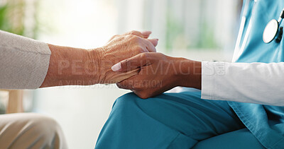 Buy stock photo Nurse, holding hands or elderly patient with empathy for comfort, healthcare or consultation at retirement home. Closeup, doctor or caregiver with touch for support, assisted living or sympathy
