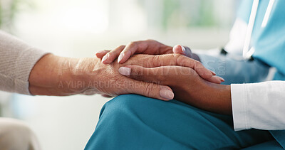Buy stock photo Doctor, holding hands or elderly patient with empathy for comfort, healthcare or consultation at retirement home. Closeup, nurse or caregiver with touch for support, assisted living or sympathy