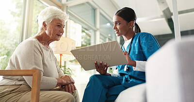 Buy stock photo Checkup, nurse and smile for senior patient, good news and treatment plan for illness, women and info. Happy, medical professional and diagnosis for elderly person in hospital, results and healthcare