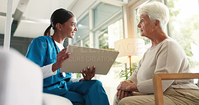 Buy stock photo Healthcare, nurse and smile for senior patient, good news and treatment plan for illness, women and info. Happy, medical professional and diagnosis for elderly person in hospital, results and checkup