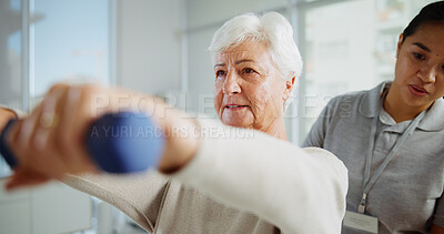 Buy stock photo Physiotherapy, weights and woman with mature patient for medical service, support and wellness. Healthcare, chiropractor and physical therapist with person for consulting, mobility and arthritis