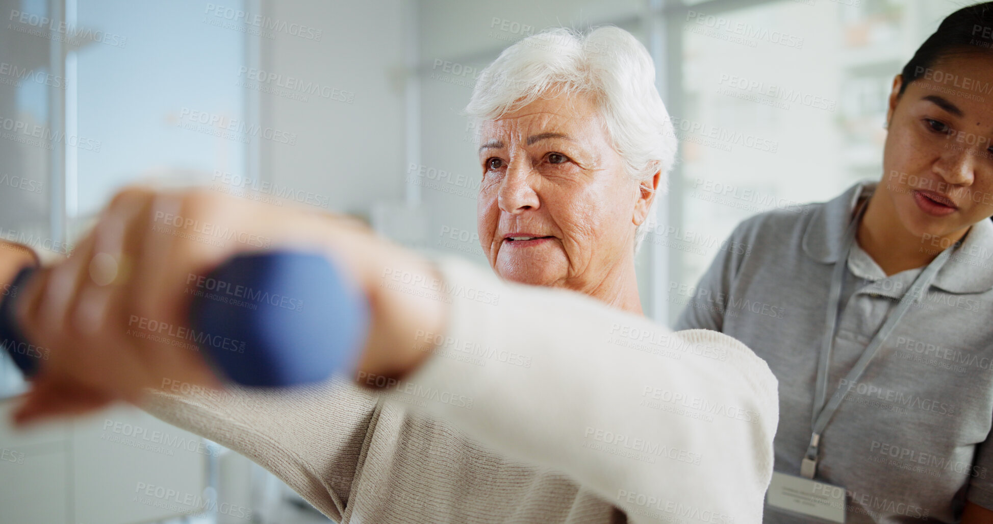 Buy stock photo Physiotherapy, weights and woman with mature patient for medical service, support and wellness. Healthcare, chiropractor and physical therapist with person for consulting, mobility and arthritis
