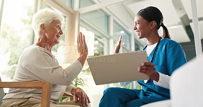Buy stock photo High five, doctor and old woman with consultation, documents and diagnosis with conversation. Medical, senior patient and professional with hand gesture, paperwork and report for cure and treatment