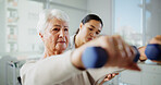 Physical therapy, dumbbell and woman with mature patient for medical service, support and wellness. Healthcare, chiropractor and physiotherapist with person for consulting, mobility and strength