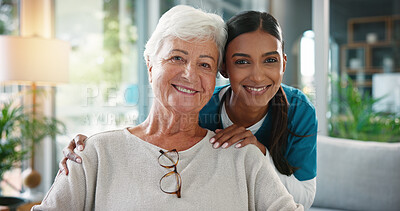 Buy stock photo Happy woman, portrait and doctor with elderly patient for healthcare or volunteering service at home. Female people, medical worker or caregiver with smile, hug or senior client for assisted living