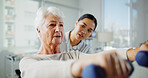Physiotherapy, weights and woman with senior patient for medical service, support and wellness. Healthcare, chiropractor and physical therapist with person for consulting, mobility or muscle strength