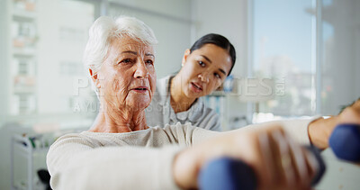 Buy stock photo Physiotherapy, weights and woman with senior patient for medical service, support and wellness. Healthcare, consulting and physical therapist with person for osteoporosis, mobility or muscle strength