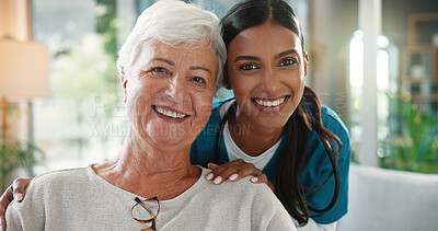 Buy stock photo Happy woman, portrait and nurse with elderly patient for healthcare or volunteering service at home. Female people, medical worker or caregiver with smile, hug or senior client for assisted living
