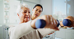 Physical therapy, weights and woman with senior patient for medical service, support and wellness. Equipment, chiropractor and physiotherapist with person for consulting, mobility and arthritis