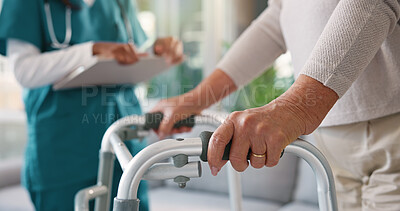 Buy stock photo Doctor, physiotherapist or patient hands with walker for assisted living, exam or test at clinic. Closeup, medical worker or nurse helping person with a disability for mobility, movement or recovery
