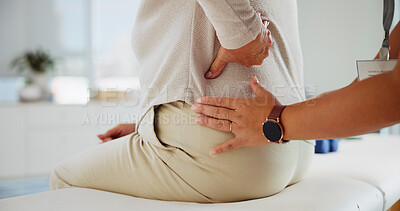 Buy stock photo Physiotherapy, back pain and hands of patient for consulting, wellness and rehabilitation. Healthcare, chiropractor and physical therapist with person for osteoporosis, mobility and arthritis