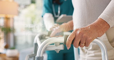 Buy stock photo People, hands and walker with caregiver, support and mobility assistance for healthcare or recovery. Medical, service and person with a disability in clinic for rehabilitation at occupational therapy