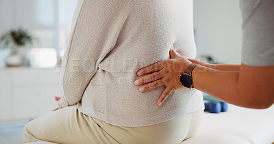 Buy stock photo Physical therapy, back pain and hands of woman with patient for support, wellness and consultation. Healthcare, chiropractor and physiotherapist with person for osteoporosis, mobility or arthritis