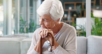 Buy stock photo Senior woman, thinking and sad in nursing home with cane, depression and person with a disability alone. Pensioner, walking stick and retirement for arthritis, nostalgia and thoughts of memories