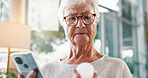 Senior woman, research and medication with phone for telehealth, information or prescription at home. Elderly, female person or patient with mobile smartphone or pills for symptoms or side effects