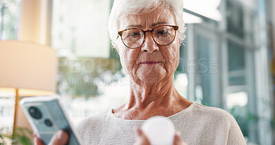 Buy stock photo Senior woman, research and medication with phone for telehealth, information or prescription at home. Elderly, female person or patient with mobile smartphone or pills for symptoms or side effects