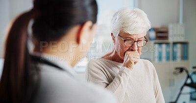 Buy stock photo Sad woman, doctor and crying in office, healthcare and consultation with support, help and cancer. Pensioner, elderly patient or medical with professional, results or empathy with stress and sympathy