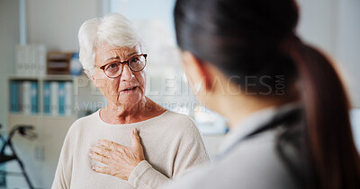 Buy stock photo Sad woman, doctor and shocked in clinic, healthcare and consultation with support, results or talking. Pensioner, old patient or medical with professional, cancer or sympathy with surprise or emotion